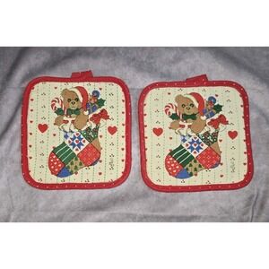 Vtg Christmas Teddy Bear Pot Holders Set 2 Stocking 80s Retro